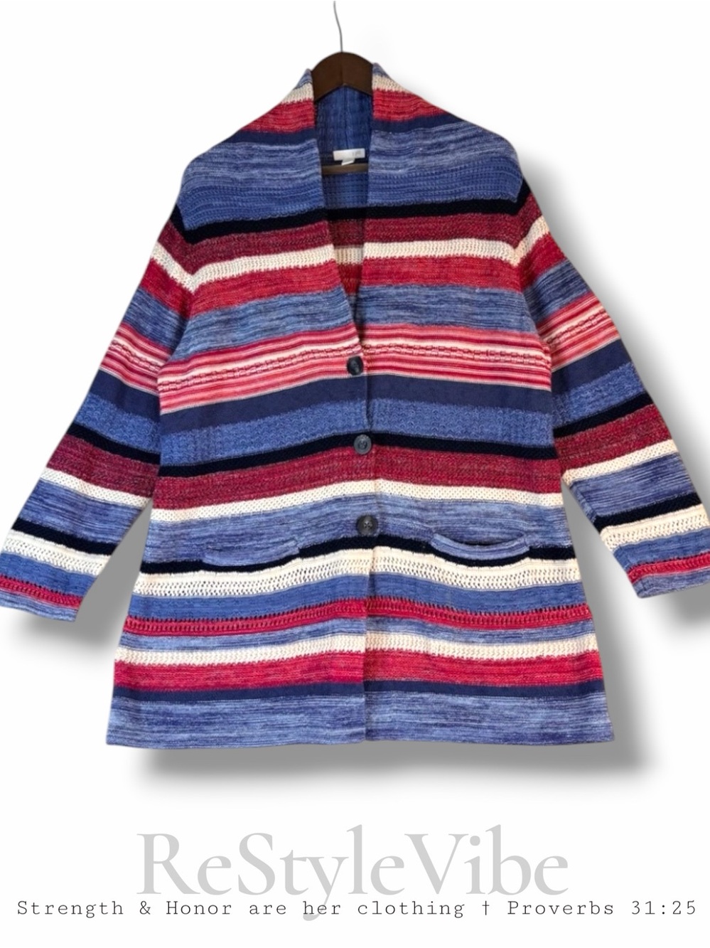 J JILL Women’s Size L PETITE Sweater Cardigan Button Closure Striped Linen Blend